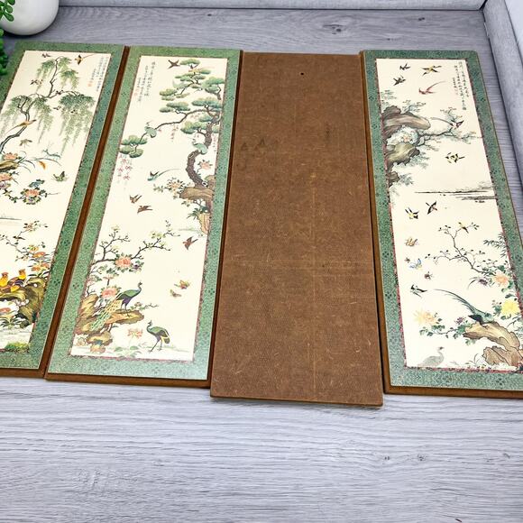 4 Large Mid Century Wood Panels Asian Birds Prints Evangeline Paint 1963 15 x 5" - Picture 4 of 9